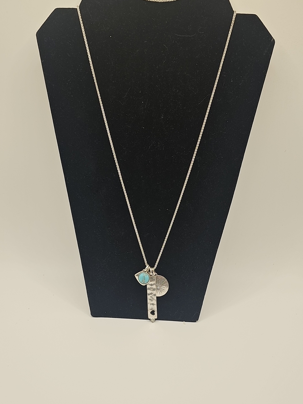 Silver Key Pendant Necklace with Turquoise Accent Charms, Heart, Love.